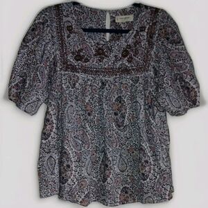 Lucky Brand Embroidered Fairycore Boho Blouse Sz L Floral Print Purple Romantic